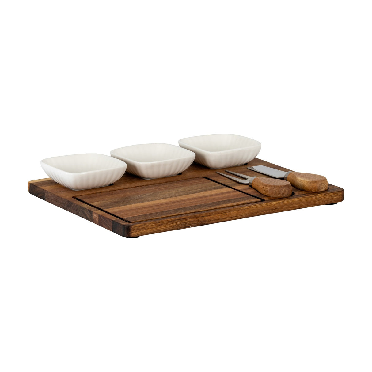 Hill Interiors acacia cheese board set with three white ceramic bowls and two wooden-handled cutlery pieces on a plain white background.