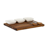 Hill Interiors acacia cheese board set with three white ceramic bowls and two wooden-handled cutlery pieces on a plain white background.