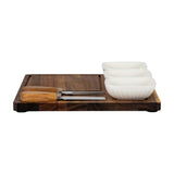 Hill Interiors acacia wood cheese board set with three white ceramic bowls and two wooden-handled cutlery pieces on a plain white background.