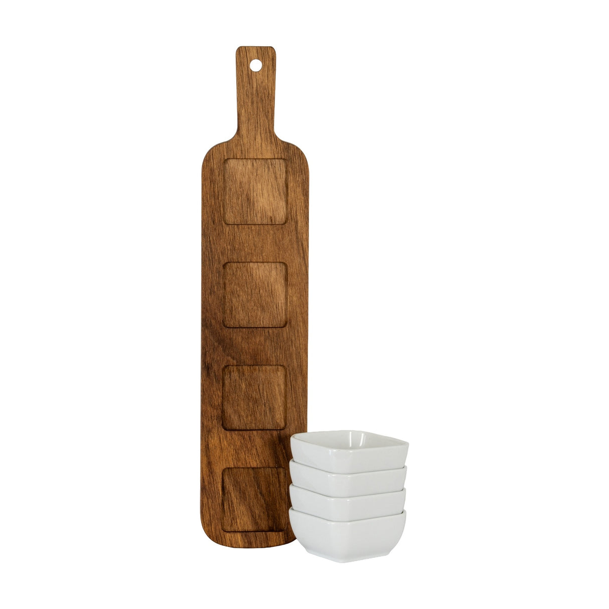 Acacia Serving Board with Four Ceramic Serving Bowls – Brown
