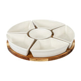 Hill Interiors Acacia Lazy Susan with five white ceramic wedge bowls around a central round dip bowl on a round wooden base, plain white background.