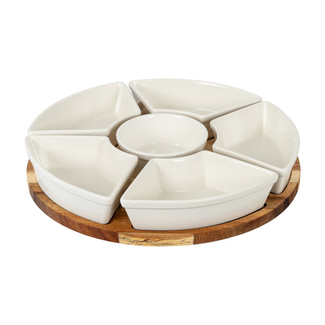 Hill Interiors Acacia Lazy Susan with five white ceramic wedge bowls around a central round dip bowl on a round wooden base, plain white background.