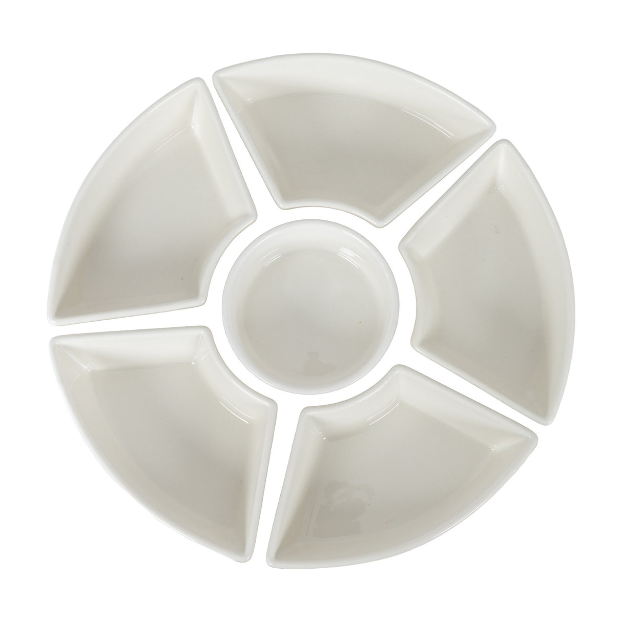 Hill Interiors Acacia Lazy Susan set of six white ceramic serving bowls arranged in a circle with five curved sections around a round central dip bowl.