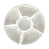 Hill Interiors Acacia Lazy Susan set of six white ceramic serving bowls arranged in a circle with five curved sections around a round central dip bowl.