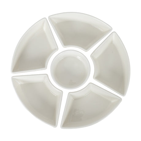 Hill Interiors Acacia Lazy Susan set of six white ceramic serving bowls arranged in a circle with five curved sections around a round central dip bowl.