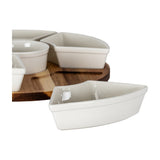 Hill Interiors acacia lazy Susan with white ceramic serving bowls in assorted shapes, one detached bowl shown beside the wooden rotating base.