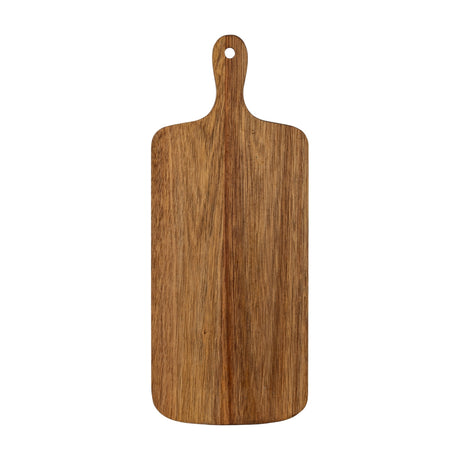 Hill Interiors small rectangular acacia serving board in brown, with a rounded handle and hanging hole, shown against a plain white background.