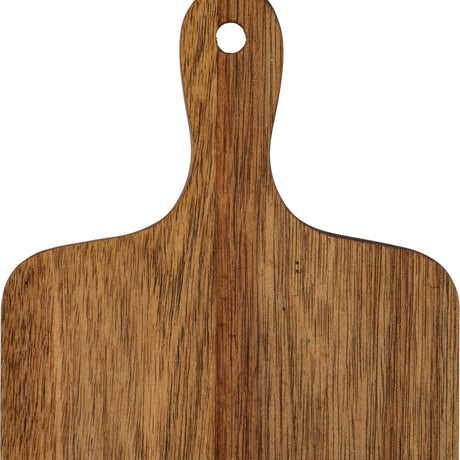 Hill Interiors small rectangular acacia serving board in warm brown with visible grain and a rounded handle with hanging hole, on a white background.