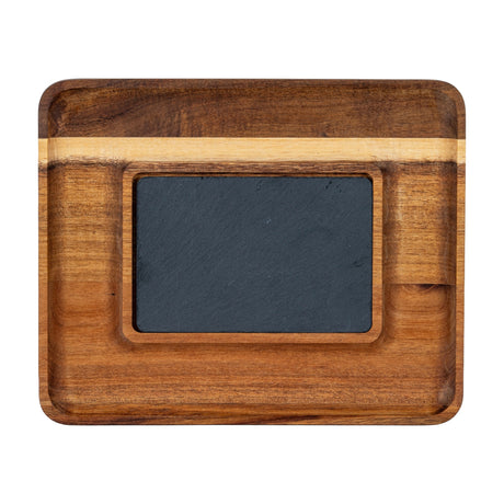Hill Interiors acacia serving tray in brown hardwood with an inset rectangular grey slate panel, shown on a plain white background.
