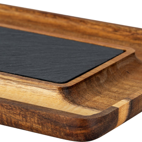 Close-up of Hill Interiors Acacia Serving Tray with Slate in brown, showing the honey-grained hardwood border and inset matte grey slate panel.