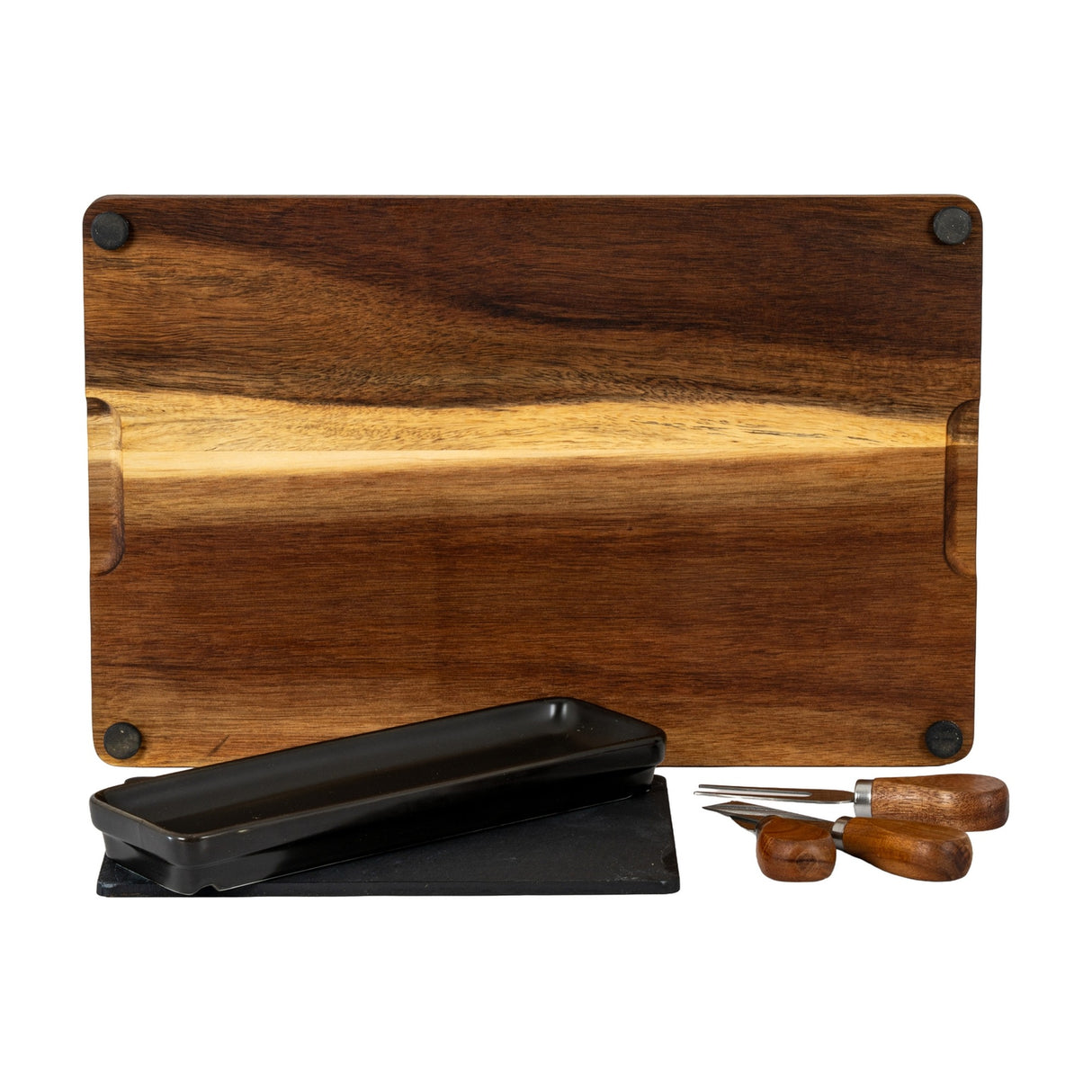 Hill Interiors acacia wood cheese board set shown with black rectangular bowl, grey slate panel and three wooden-handled cutlery pieces on a white background.