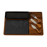 Hill Interiors acacia cheese board set with rectangular black bowl, grey slate panel and three wooden-handled cheese knives on a white background.