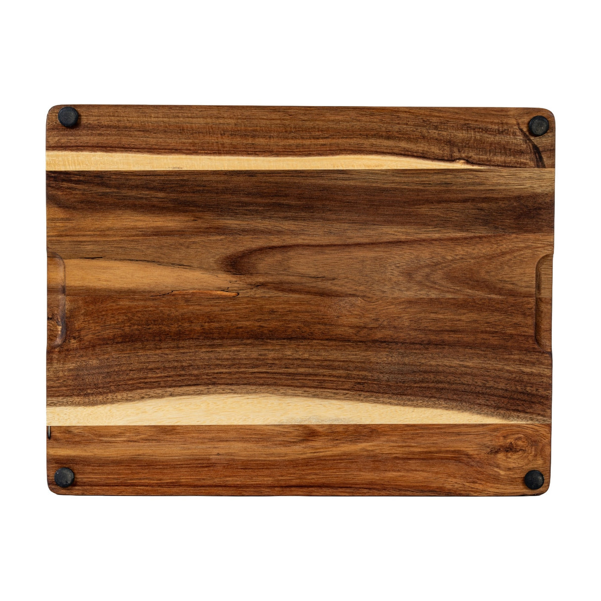 Underside of Hill Interiors acacia cheese board showing streaky brown wood grain and black rubber feet at each corner, on a plain white background.