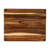 Underside of Hill Interiors acacia cheese board showing streaky brown wood grain and black rubber feet at each corner, on a plain white background.