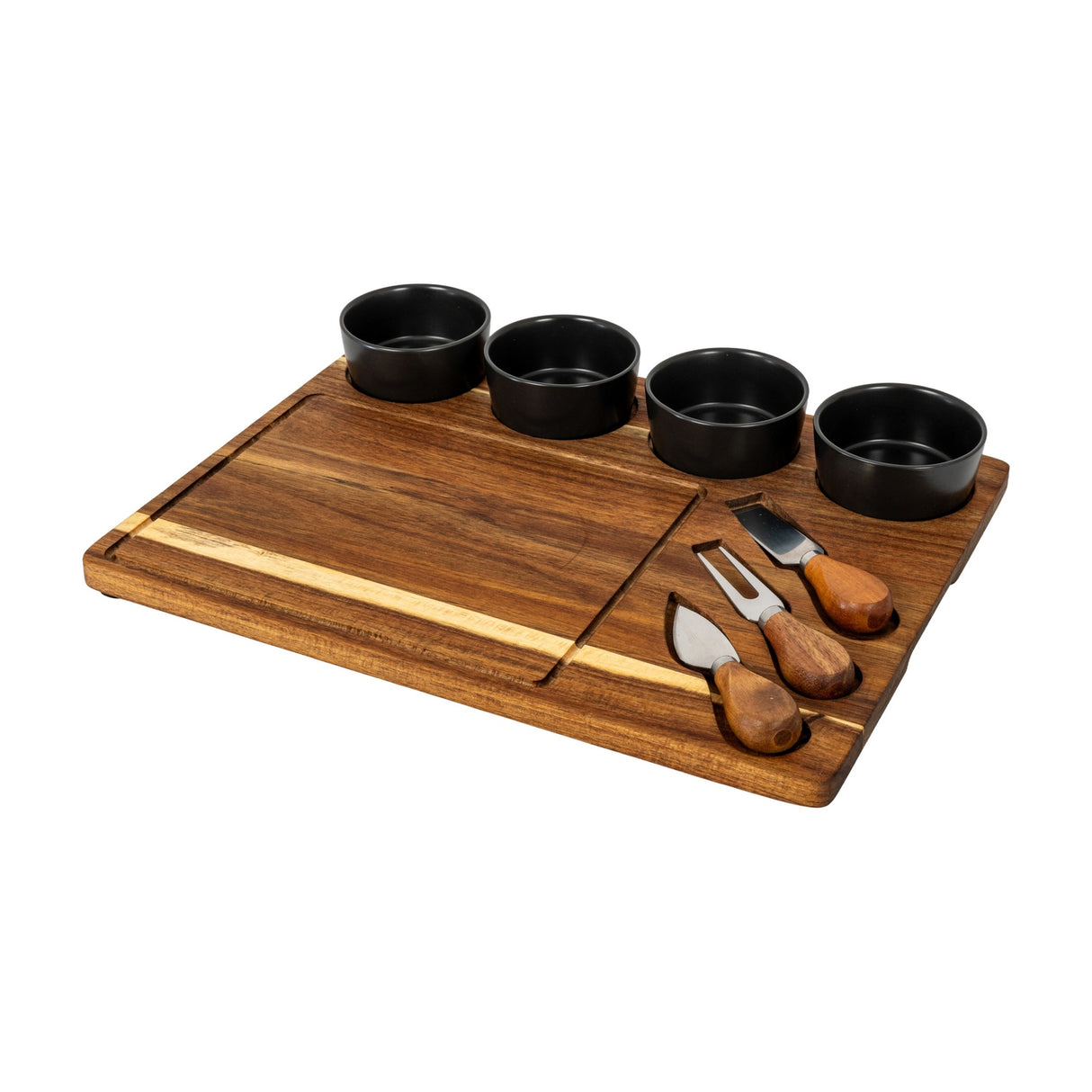 Hill Interiors acacia cheese board set with four black ceramic bowls and three wooden-handled cutlery pieces on a plain white background.