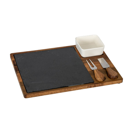 Hill Interiors Acacia Cheese Board Set with rectangular wood tray, inset slate panel, square white ceramic bowl and two wood-handled cutlery pieces.