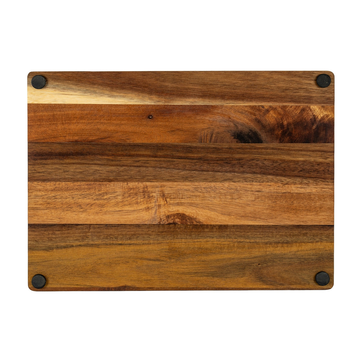 Underside of Hill Interiors acacia cheese board showing horizontal wood grain in warm brown tones with four black rubber feet, on a white background.