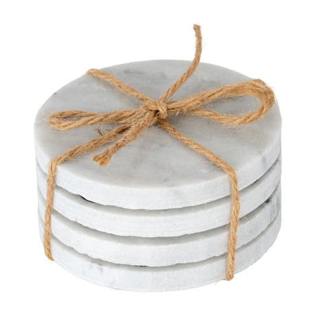 Hill Interiors Set of Four Round Marble Coasters in white with faint grey veining, stacked and tied with jute twine bow on a plain white background.
