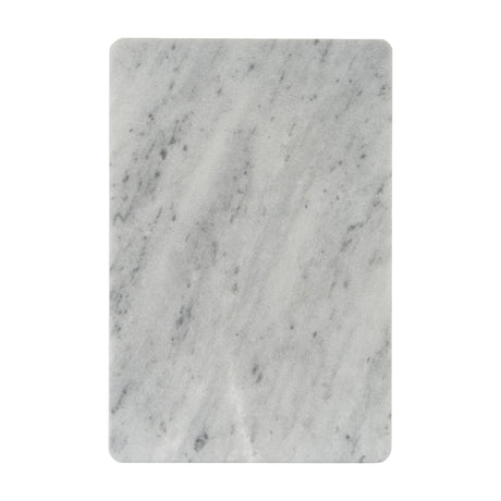 Hill Interiors rectangular white marble serving board with soft grey veining and rounded corners, shown flat on a plain white background.