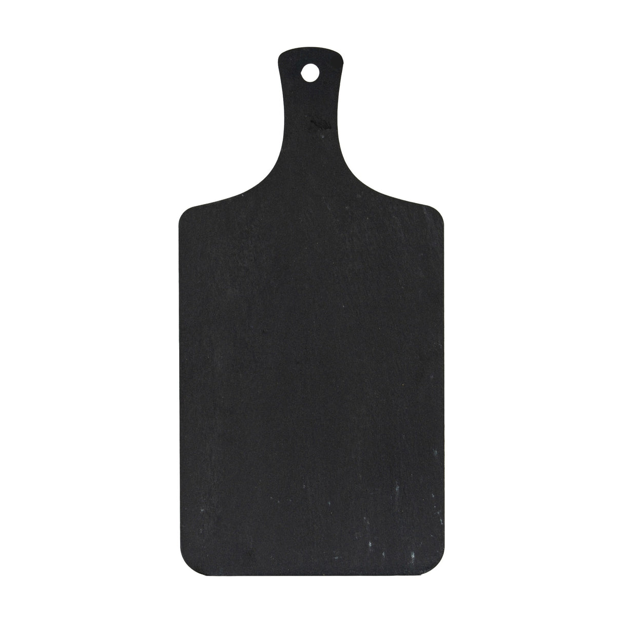 Hill Interiors rectangular slate serving board in black with a paddle handle and hanging hole, shown against a plain white background.