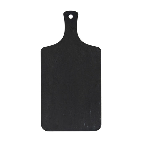 Hill Interiors rectangular slate serving board in black with a paddle handle and hanging hole, shown against a plain white background.