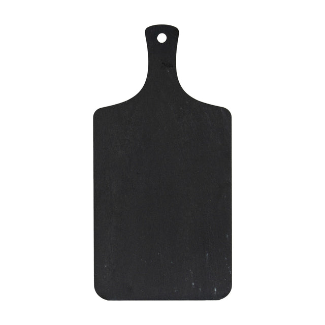 Hill Interiors rectangular slate serving board in black with a paddle handle and hanging hole, shown against a plain white background.