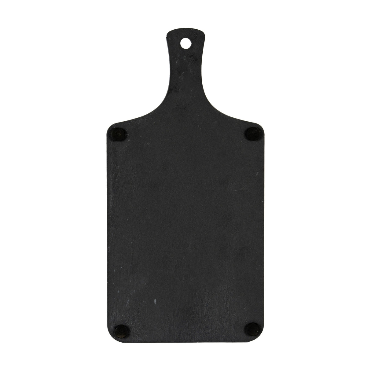 Hill Interiors rectangular slate serving board in black with a paddle handle and hanging hole, shown from the underside with rubber feet on a white background.