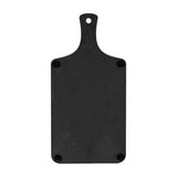 Hill Interiors rectangular slate serving board in black with a paddle handle and hanging hole, shown from the underside with rubber feet on a white background.