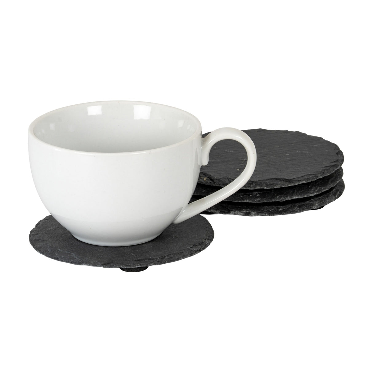 Hill Interiors Set of Four Round Slate Coasters in black, shown with a white ceramic teacup resting on one coaster and three stacked alongside.