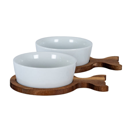 Hill Interiors set of two acacia fishtail serving trays with small white ceramic bowls, shown in warm brown timber on a plain white background.