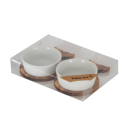 Hill Interiors set of two acacia fishtail serving trays with white ceramic bowls in clear packaging, shown on a plain white background.