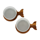 Hill Interiors set of two acacia fishtail serving trays with round white ceramic bowls, shown on a plain white background.