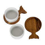 Hill Interiors Acacia Fishtail Serving Trays shown disassembled with two brown wooden fish-shaped boards and two round white ceramic bowls on white.