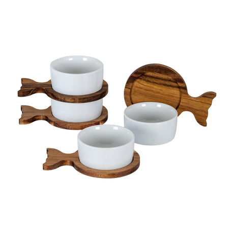 Hill Interiors Set of 4 Acacia Fishtail Serving Trays with white ceramic bowls, shown stacked and arranged on a plain white background.