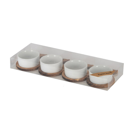 Hill Interiors set of four acacia fishtail serving trays with white ceramic bowls, shown in clear packaging on a plain white background.