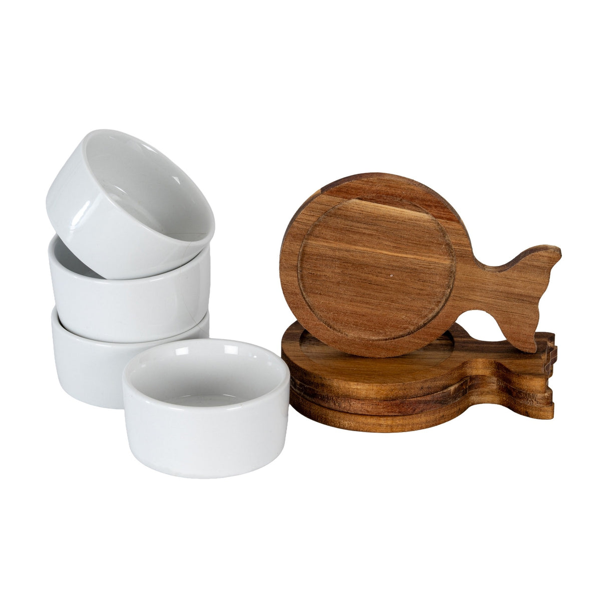 Set of 4 Acacia Fishtail Serving Trays with Ceramic Bowls – Brown