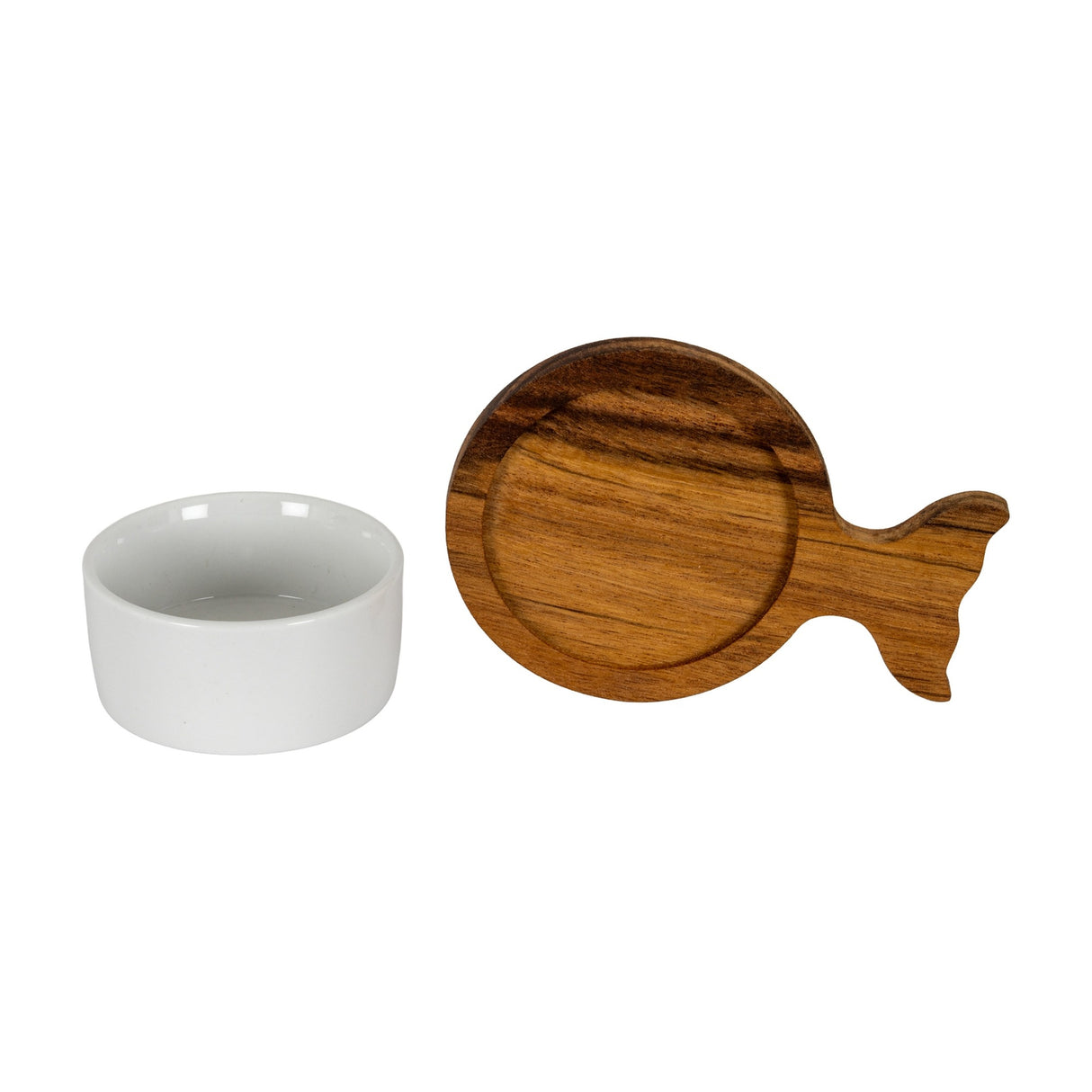 Set of 4 Acacia Fishtail Serving Trays with Ceramic Bowls – Brown