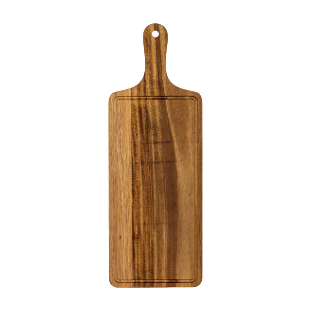 Hill Interiors rectangular acacia serving board in warm brown with a slim paddle shape, grooved edge, and handle hanging hole, on a white background.