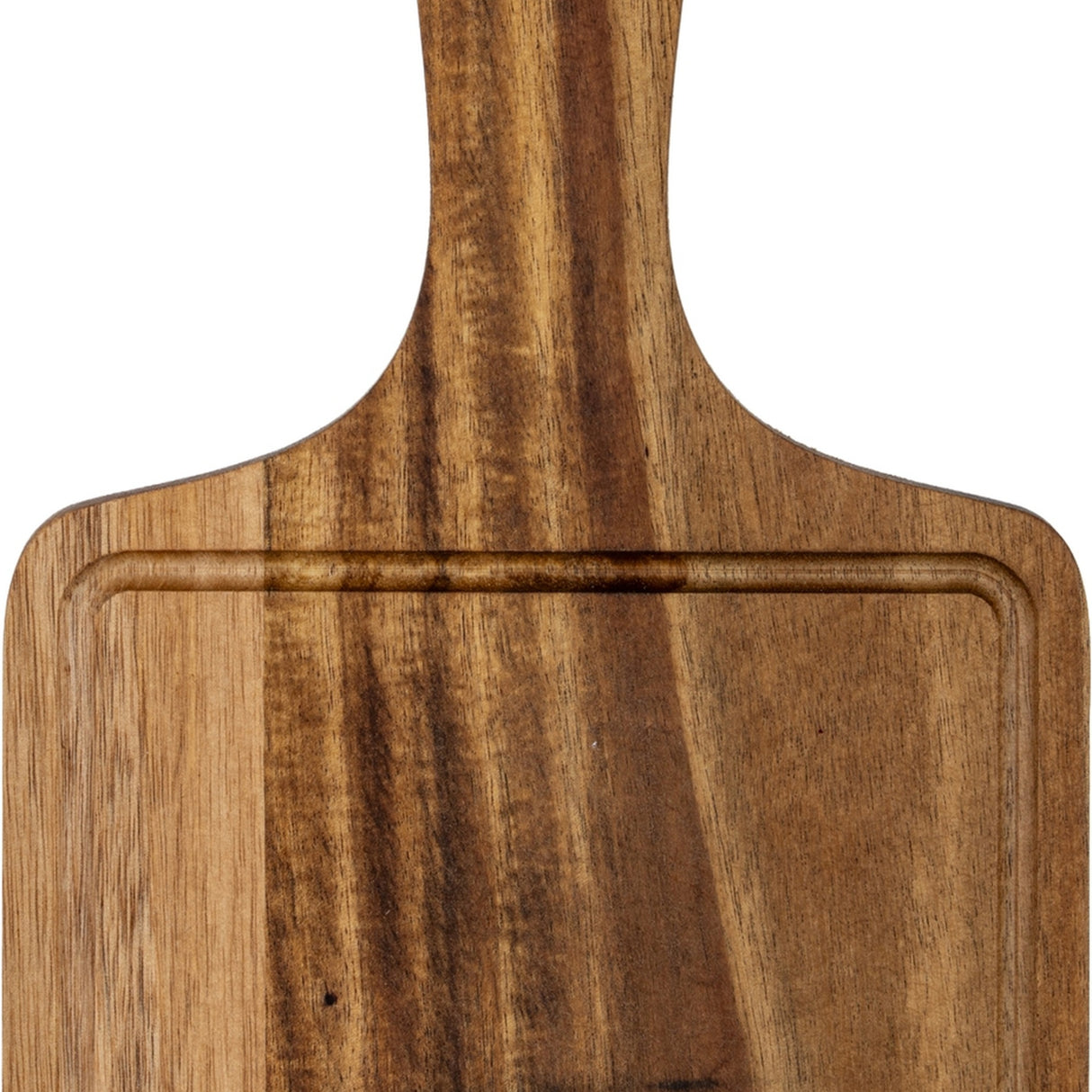 Hill Interiors rectangular acacia serving board in warm brown, showing the paddle handle and grooved surface with natural grain, on a white background.