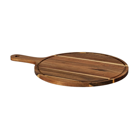 Hill Interiors round acacia serving board in brown with a striped grain, slim paddle handle with hanging hole, shown on a plain white background.