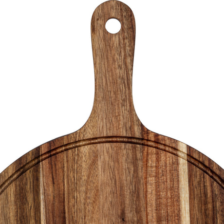 Hill Interiors round acacia serving board in brown with a paddle handle and hanging hole, showing natural grain, on a plain white background.