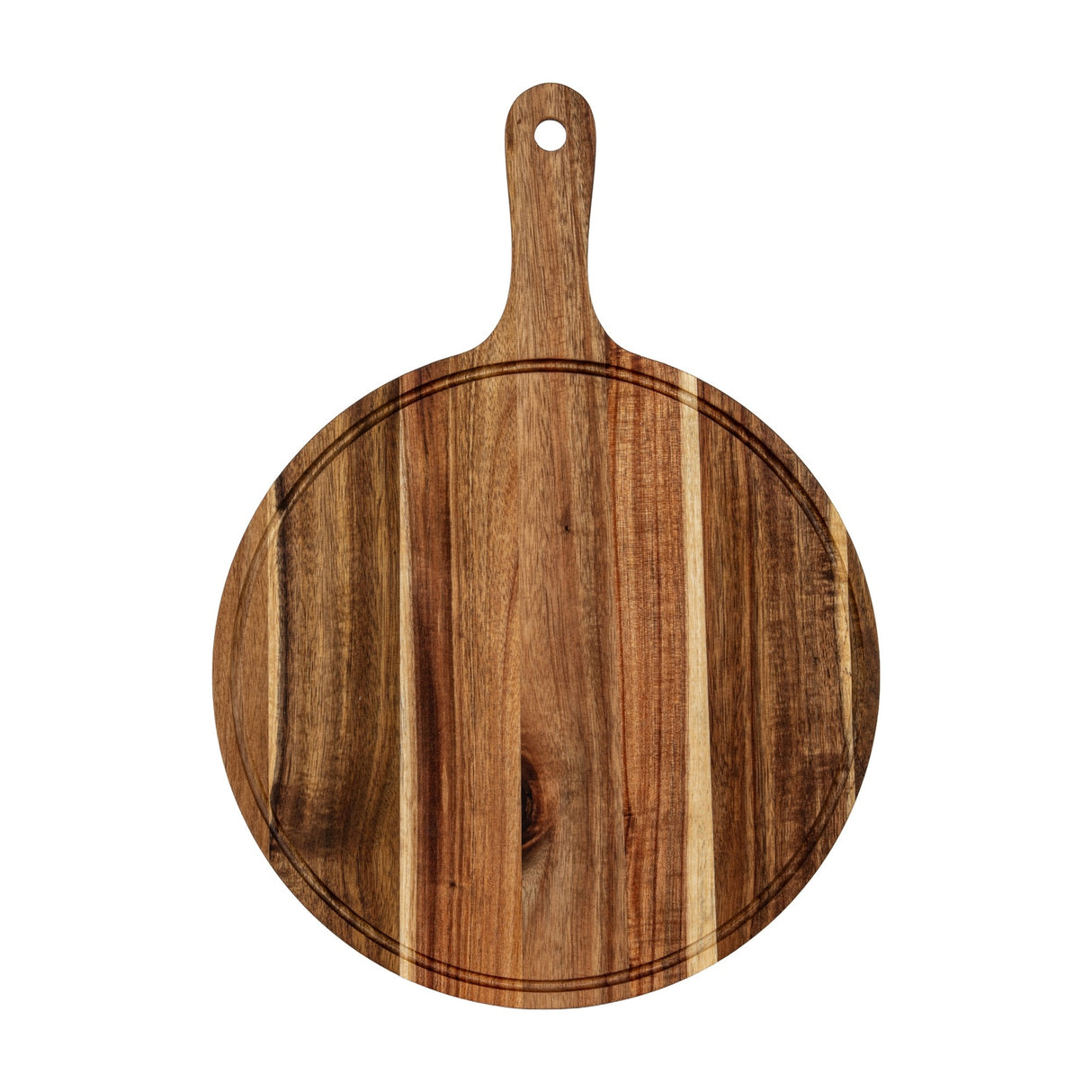Hill Interiors Round Acacia Serving Board in brown with a paddle handle and hanging hole, showing natural grain variation on a white background.