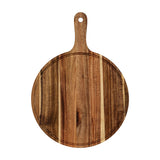 Hill Interiors Round Acacia Serving Board in brown with a paddle handle and hanging hole, showing natural grain variation on a white background.