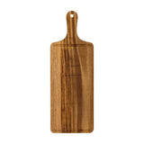 Hill Interiors large rectangular acacia serving board in warm brown with visible grain, paddle handle and hanging hole, shown on a plain white background.