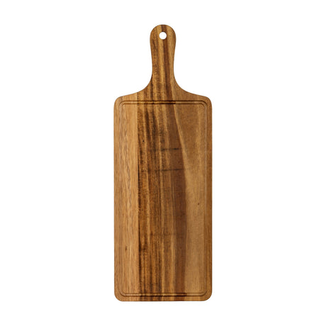 Hill Interiors large rectangular acacia serving board in warm brown with visible grain, paddle handle and hanging hole, shown on a plain white background.