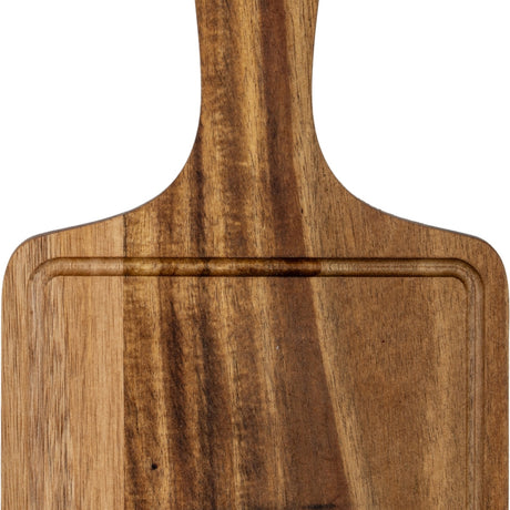 Hill Interiors large rectangular acacia serving board in brown, showing the paddle handle and grooved edge with natural grain pattern.