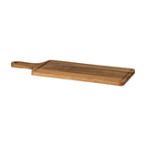 Hill Interiors large rectangular acacia serving board in warm brown, with a paddle handle, hanging hole and grooved edge, shown on a plain background.