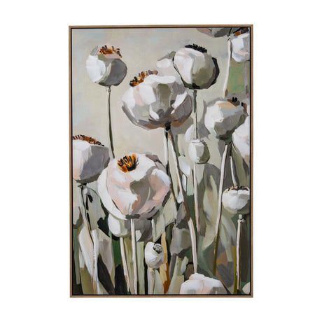 Hill Interiors Poppy hand painted canvas in a slim wooden frame, showing white and grey poppy heads with green stems in portrait format.