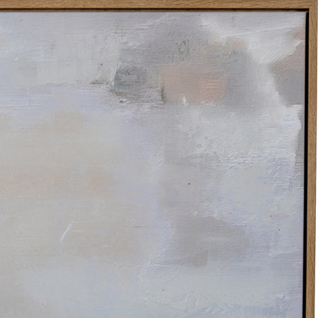 Hill Interiors Hillside View hand painted canvas in a slim wooden frame, showing soft grey, cream and blush abstract brushwork in portrait format.