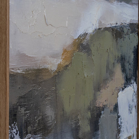 Close-up of Hill Interiors Hillside View hand painted canvas showing textured brushwork in green, ochre and soft cream tones beside a wooden frame edge.